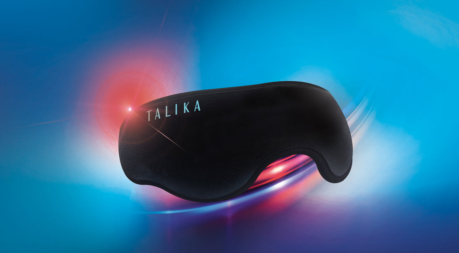 Le masque regard Genius Eyes de Talika, lumière rouge allumée, sur fond bleu nuit