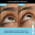 Visuel avant/après de Lipocils Expert : gros plan des cils d'un même œil devant une réglette graduée